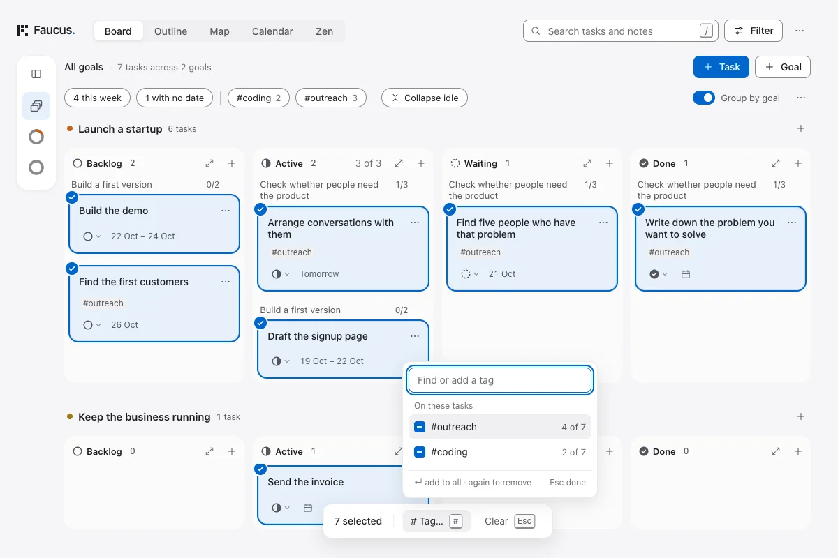 Desktop Board with seven startup and business tasks selected, and the tag list open above the selection bar.
