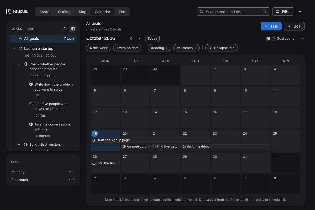 October 2026 Calendar: Draft the signup page spans 19 to 22 October, while the conversations task sits on 20 October.