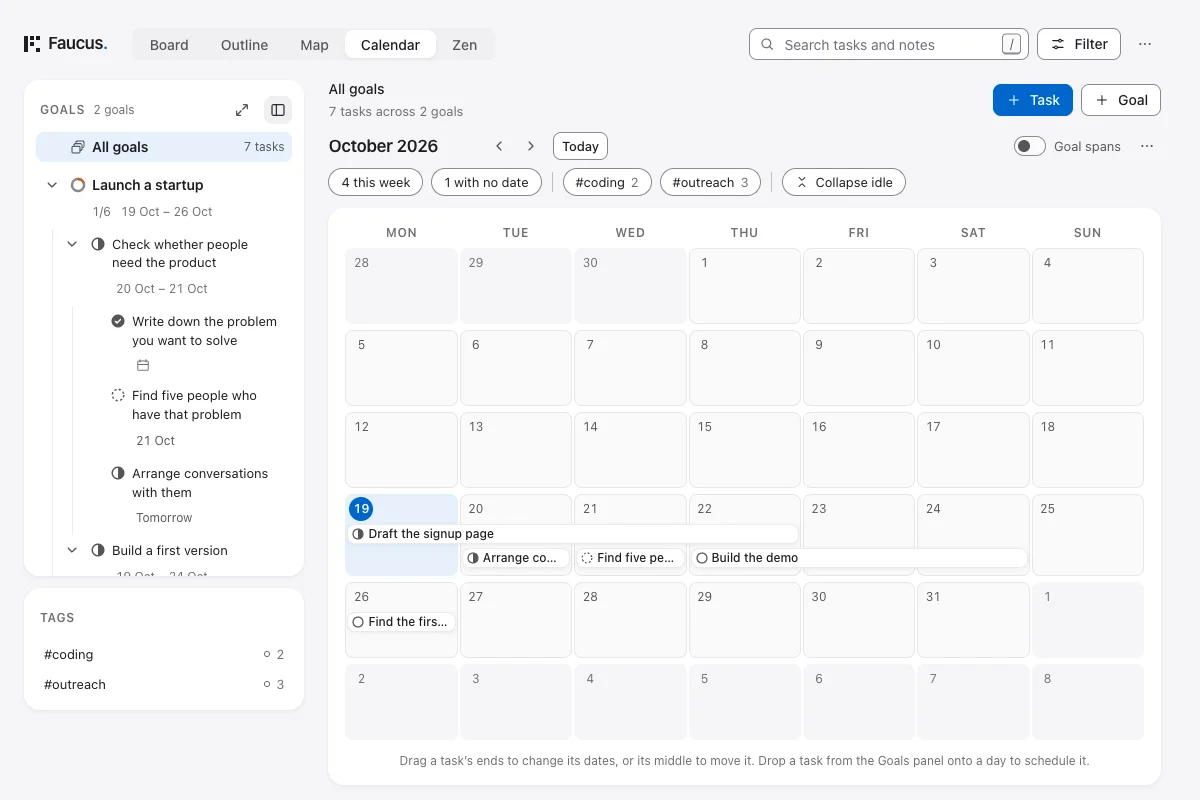 October 2026 Calendar: Draft the signup page spans 19 to 22 October, while the conversations task sits on 20 October.