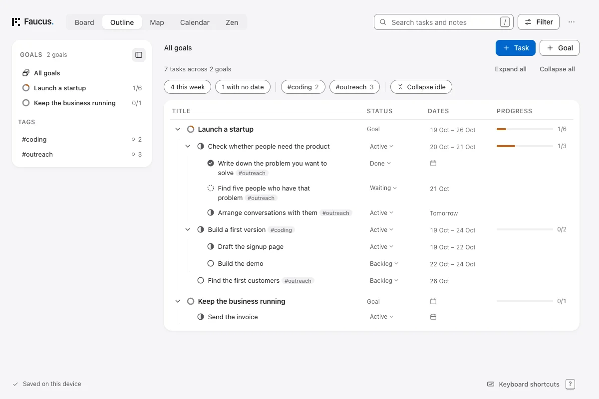 The startup goal in Outline, with research and building tasks indented beneath their parents.